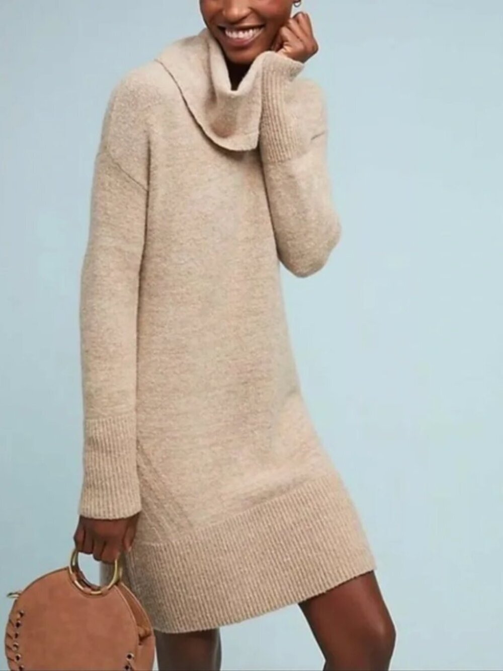 by Anthropologie Cowl Neck Long Sleeve Wool Blend Pullover Sweater Dress Tan, M